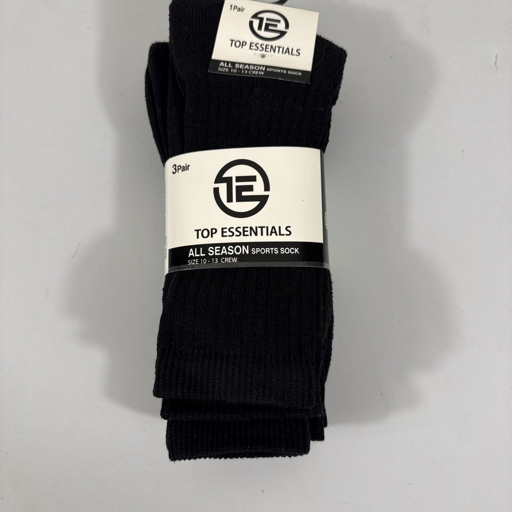 Top Essentials All Season Sport Sock Size 10-13 Black 3 Pairs NWT